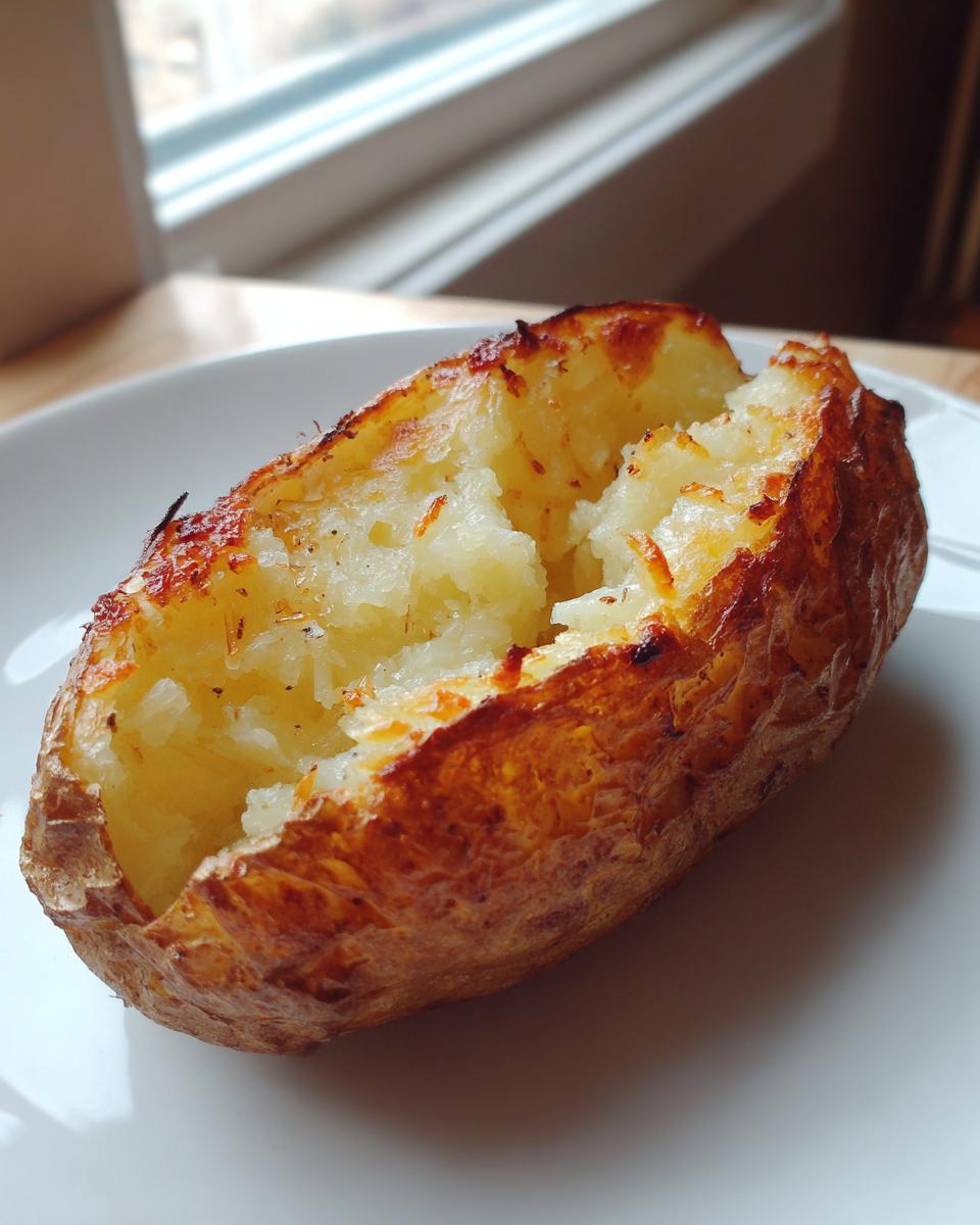 A perfectly cooked air fryer baked potato, split open to show fluffy interior and crispy, golden-brown skin.
