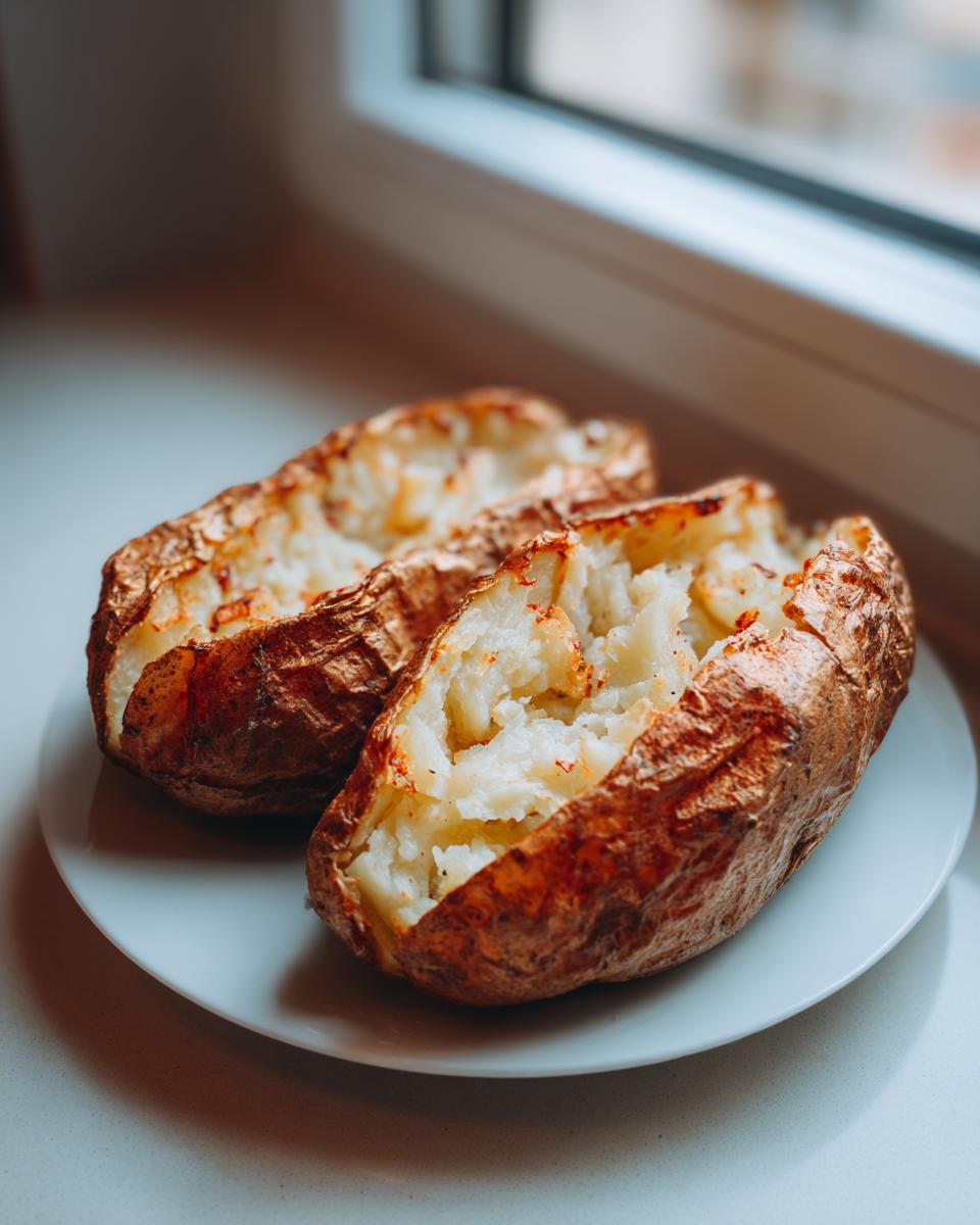 Two perfectly cooked air fryer baked potato halves, split open to show fluffy insides, resting on a white plate.