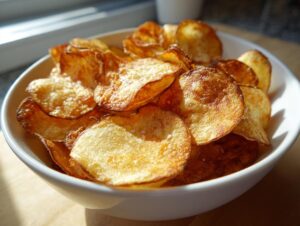 A white bowl filled with golden brown, crispy air fryer potato chips sprinkled with coarse salt.