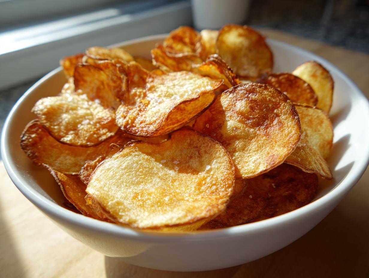 A white bowl filled with golden brown, crispy air fryer potato chips sprinkled with coarse salt.