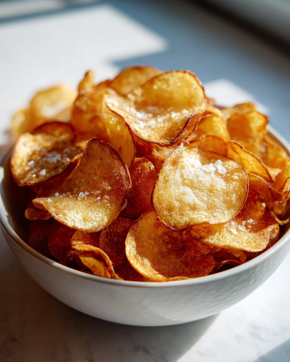 Close-up of a white bowl filled with golden, crispy air fryer potato chips sprinkled with flaky sea salt.