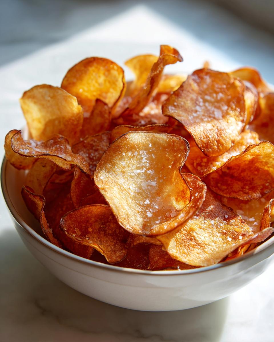 Close-up of a white bowl filled with golden brown, crispy air fryer potato chips sprinkled with coarse sea salt.