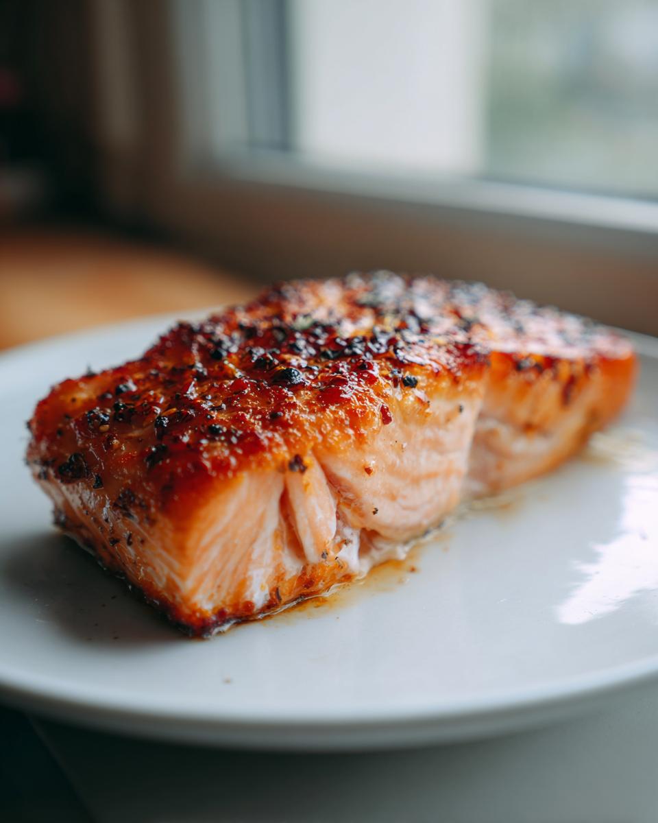 Close-up of a perfectly cooked, seasoned air fryer salmon fillet resting on a white plate.