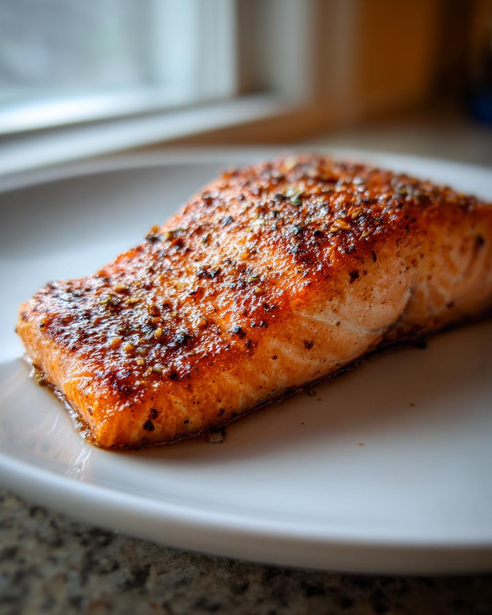Close-up of a perfectly cooked, seasoned air fryer salmon fillet resting on a white plate.