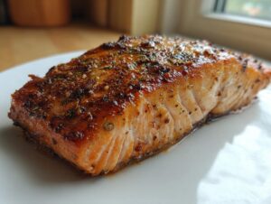 Close-up of a beautifully seasoned and cooked piece of air fryer salmon resting on a white plate.