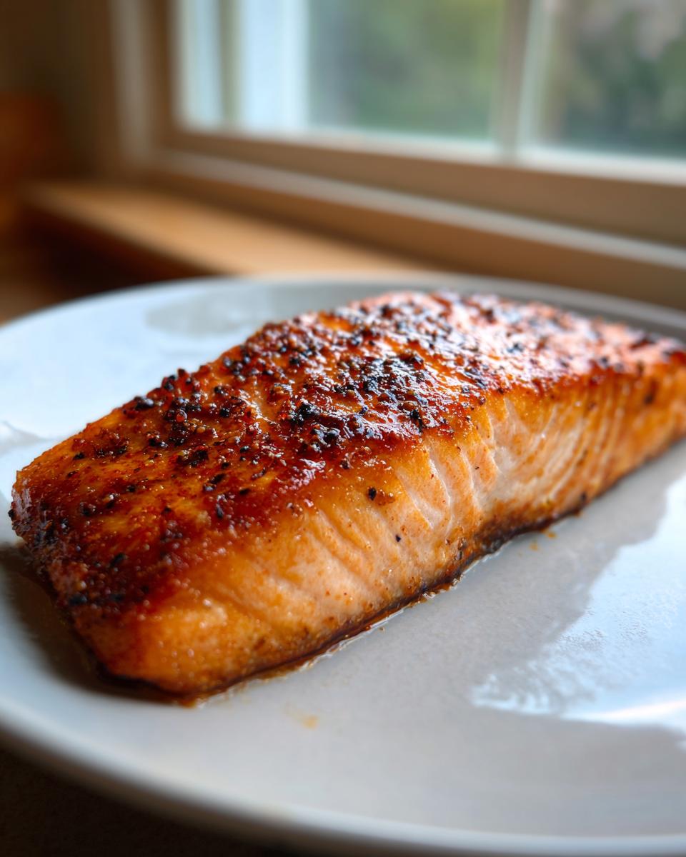 A close-up of a perfectly cooked, glazed air fryer salmon fillet resting on a white plate.