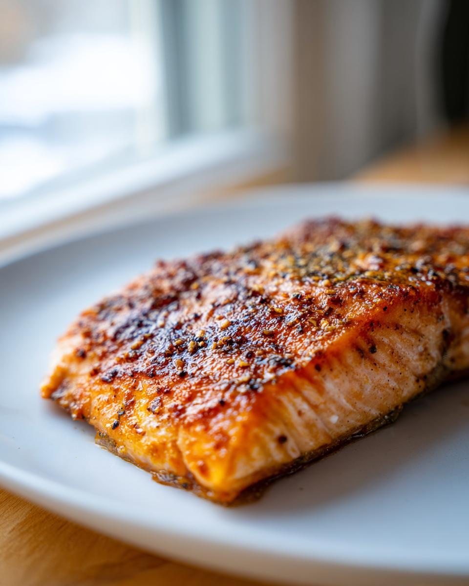 Close-up of a perfectly cooked, seasoned air fryer salmon fillet resting on a white plate.