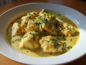Close-up of tender pieces of coconut chicken swimming in a rich, yellow coconut cream sauce and garnished with fresh parsley.