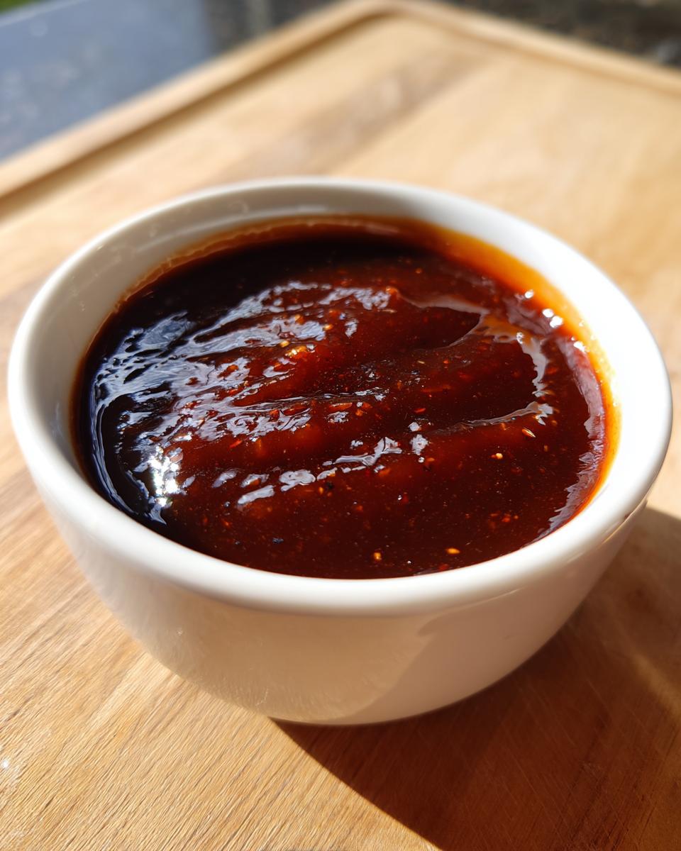 Close-up of thick, dark red homemade bbq sauce glistening in a small white bowl on a wooden surface.