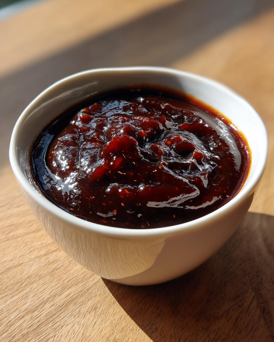 A close-up of thick, dark, glossy homemade bbq sauce served in a small white bowl on a wooden surface.
