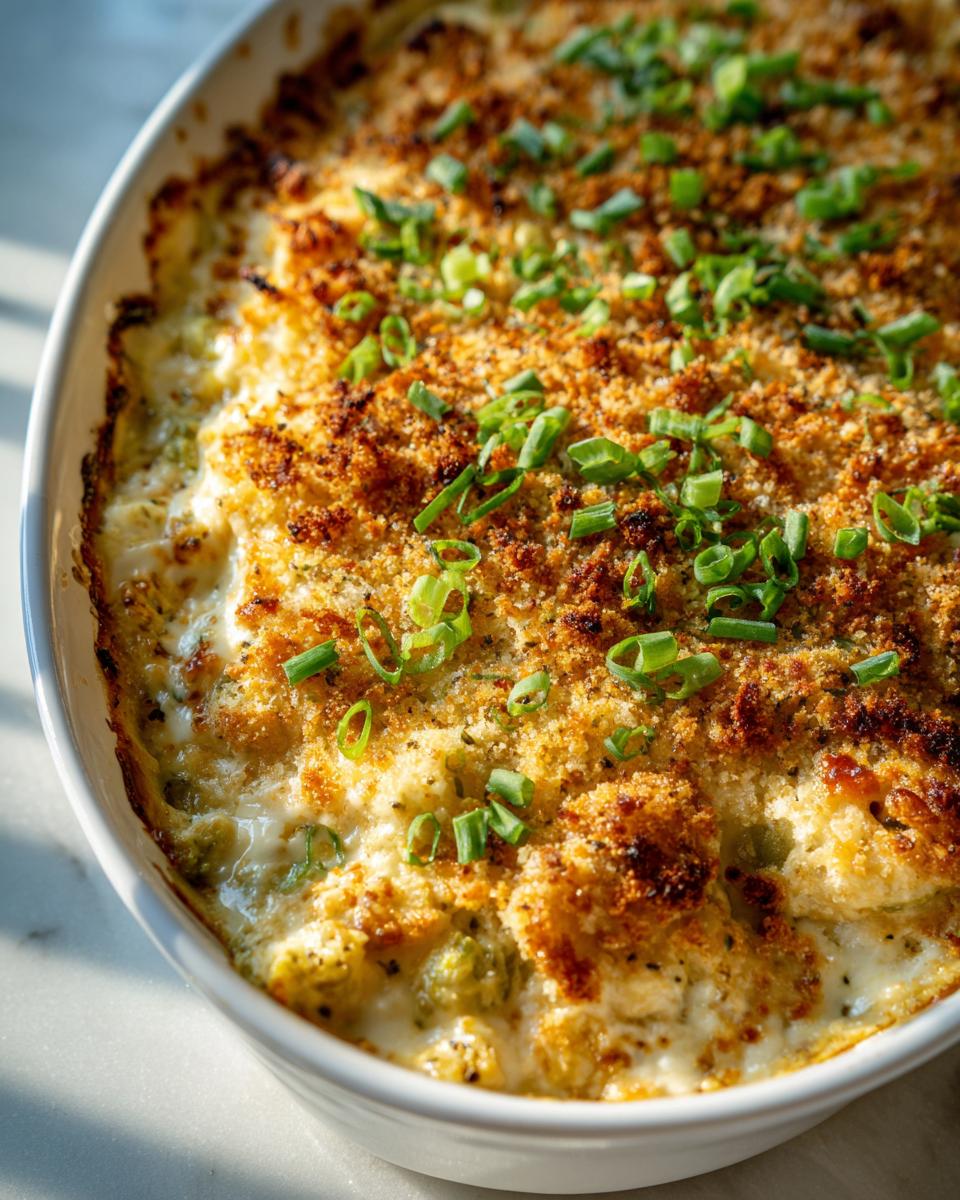 Close-up of a hot, creamy popper dip baked in a white oval dish with a golden brown breadcrumb topping and fresh green onions.