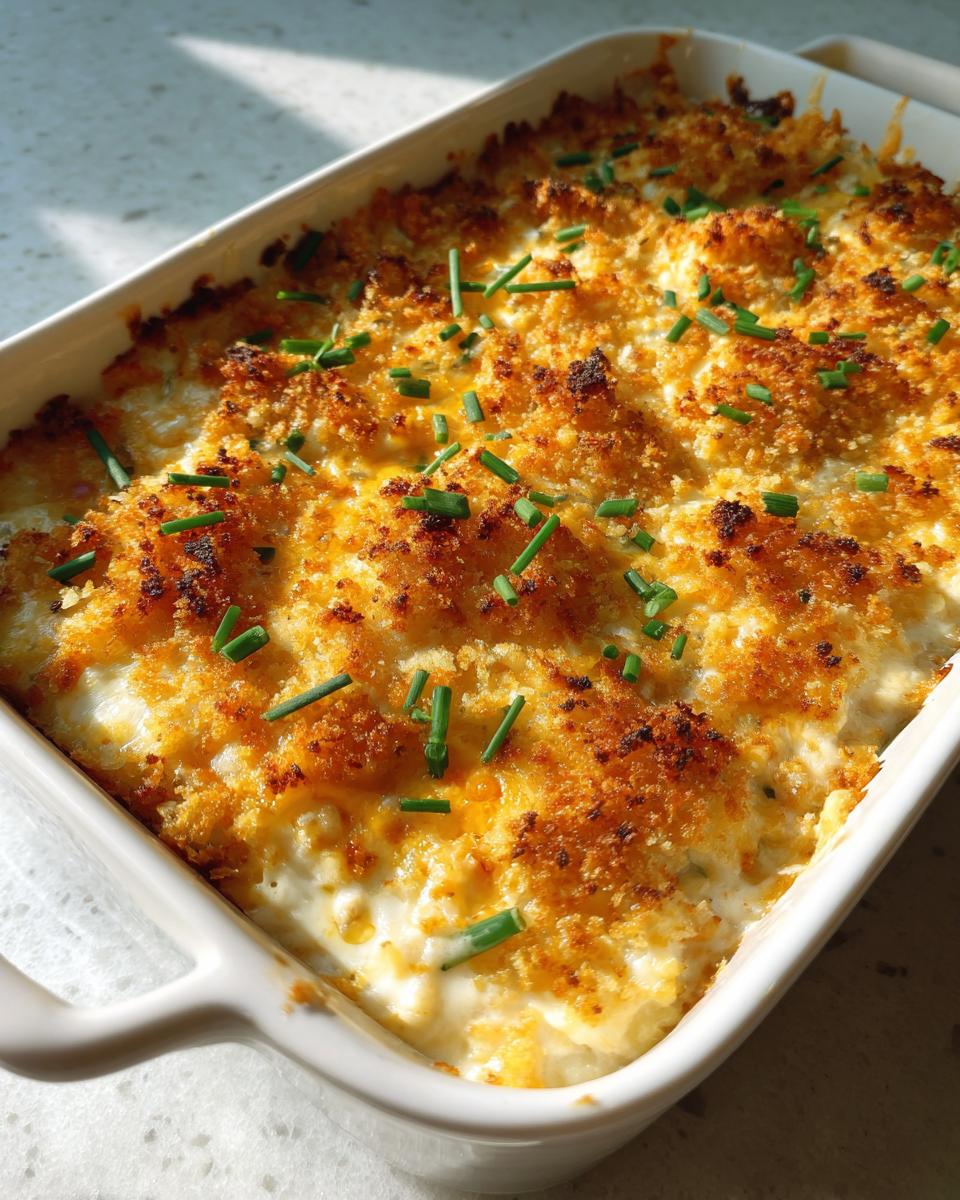 Close-up of a freshly baked popper dip in a white casserole dish with a golden, crispy topping and fresh chives.