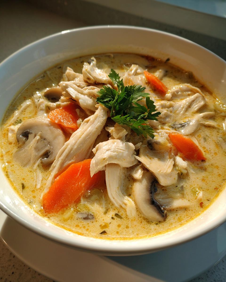 Close-up of a creamy bowl of coconut soup filled with shredded chicken, sliced mushrooms, and carrots, garnished with parsley.