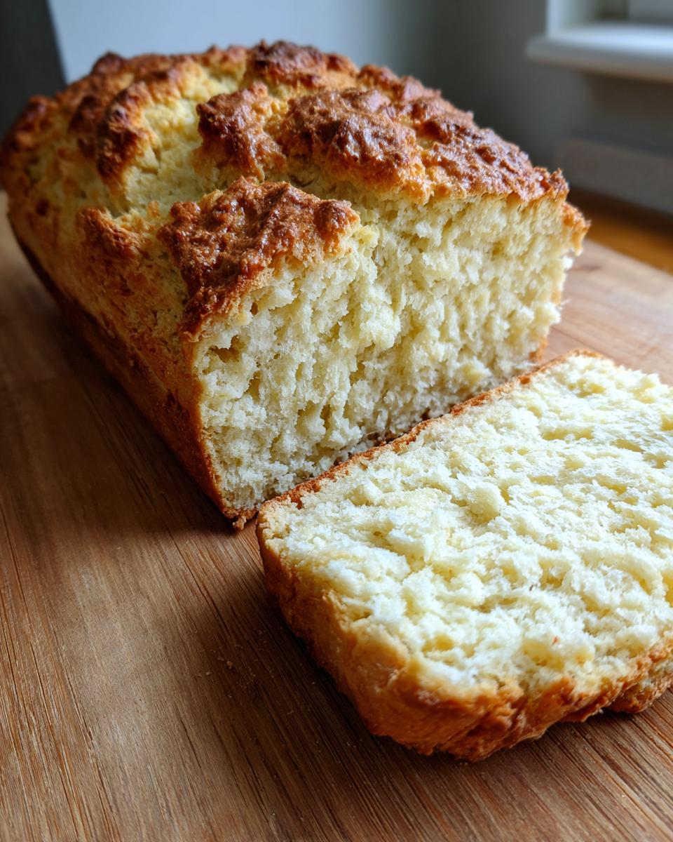 A loaf of golden-crusted soda bread sliced on a wooden cutting board, showing the soft interior texture.