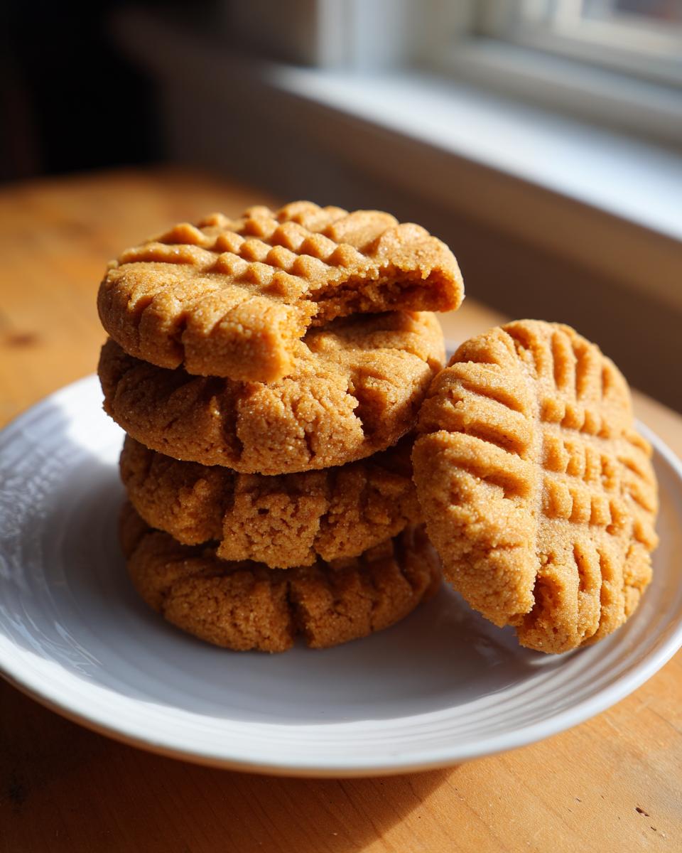 A stack of four classic peanut butter cookies with fork marks, one on top is broken open.