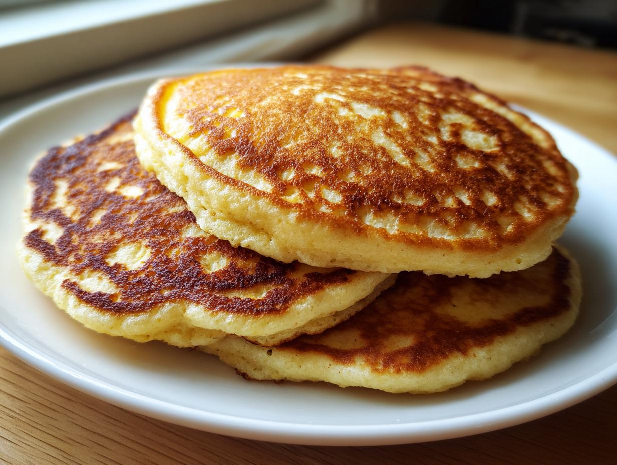A stack of three fluffy, golden-brown almond flour pancakes served on a white plate.