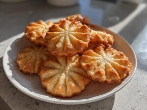 A stack of golden brown, star-shaped butter cookies with a glossy glaze piled on a textured white plate.