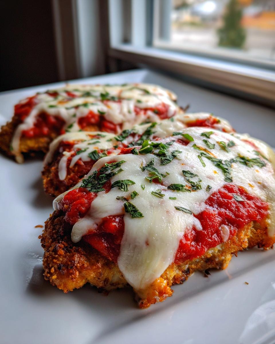 Three golden-brown cutlets prepared for the chicken parmesan recipe, topped with melted mozzarella, marinara sauce, and fresh parsley.