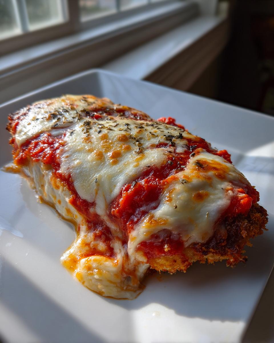 Close-up of a golden-brown chicken parmesan recipe cutlet topped with melted mozzarella and marinara sauce.