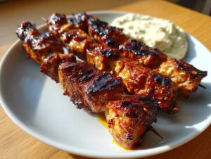 Three beautifully glazed and charred chicken skewers served on a white plate next to a dollop of creamy sauce.