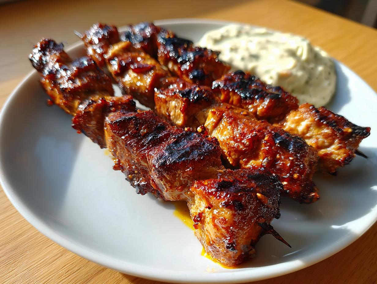 Three beautifully glazed and charred chicken skewers served on a white plate next to a dollop of creamy sauce.