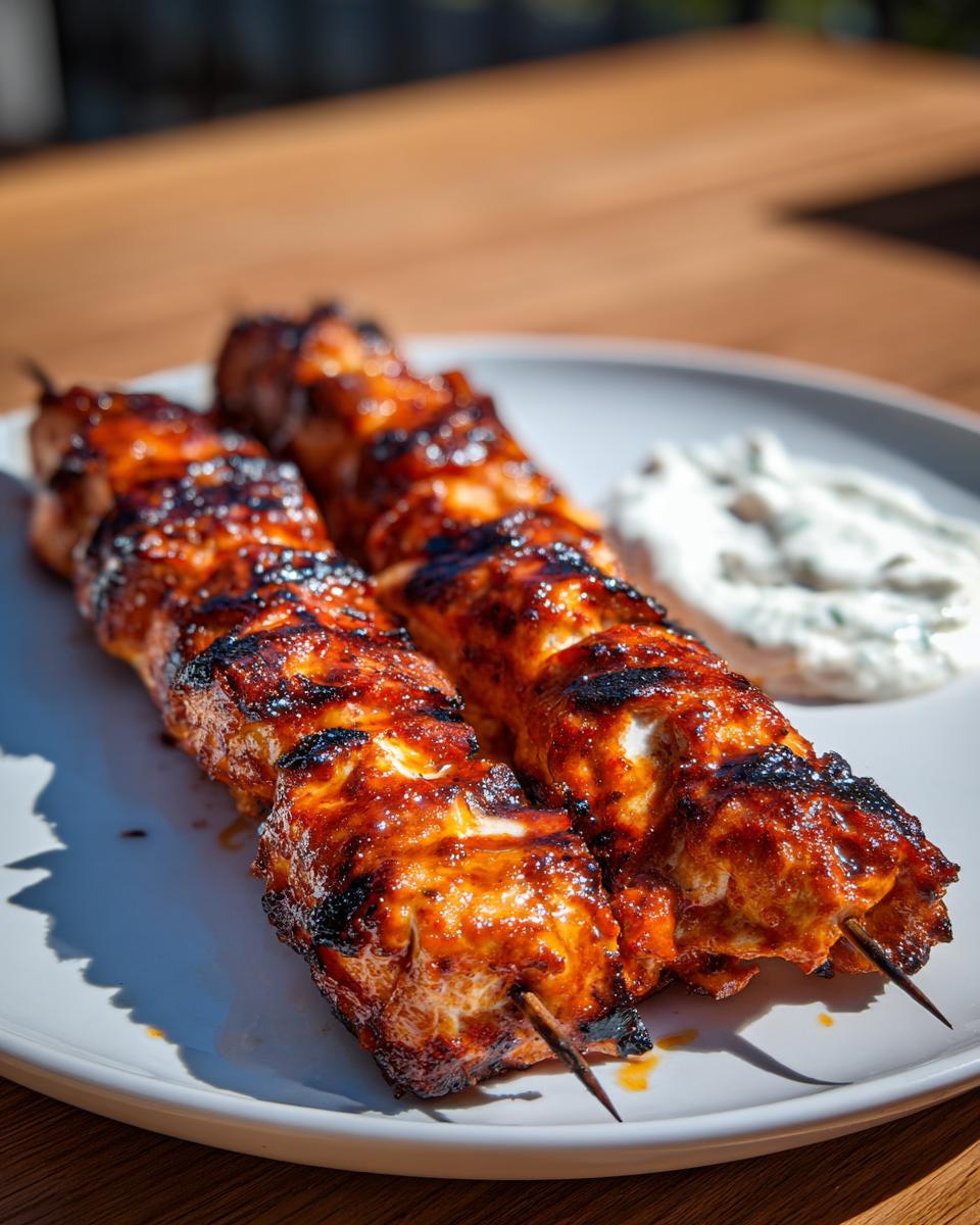Two perfectly grilled, glazed chicken skewers served with a side of white dipping sauce.