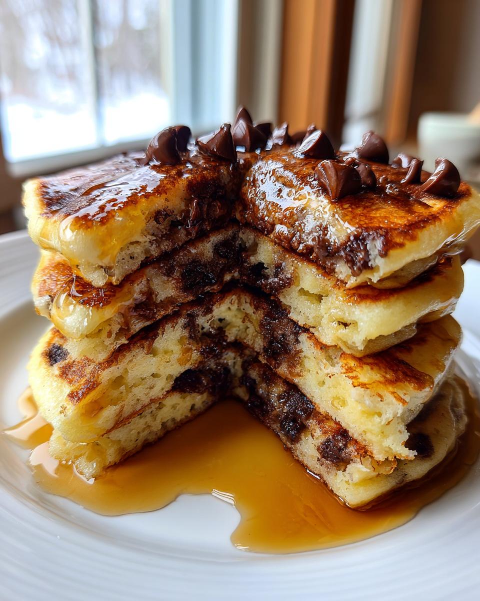 A tall stack of fluffy chocolate chip pancakes cut in half, drizzled with syrup and topped with chocolate chips.