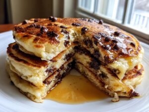 A tall stack of fluffy chocolate chip pancakes, cut open to show melted chips, drizzled with syrup.