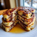 A tall stack of fluffy chocolate chip pancakes, cut to show the melted chocolate chips inside, drizzled with syrup.