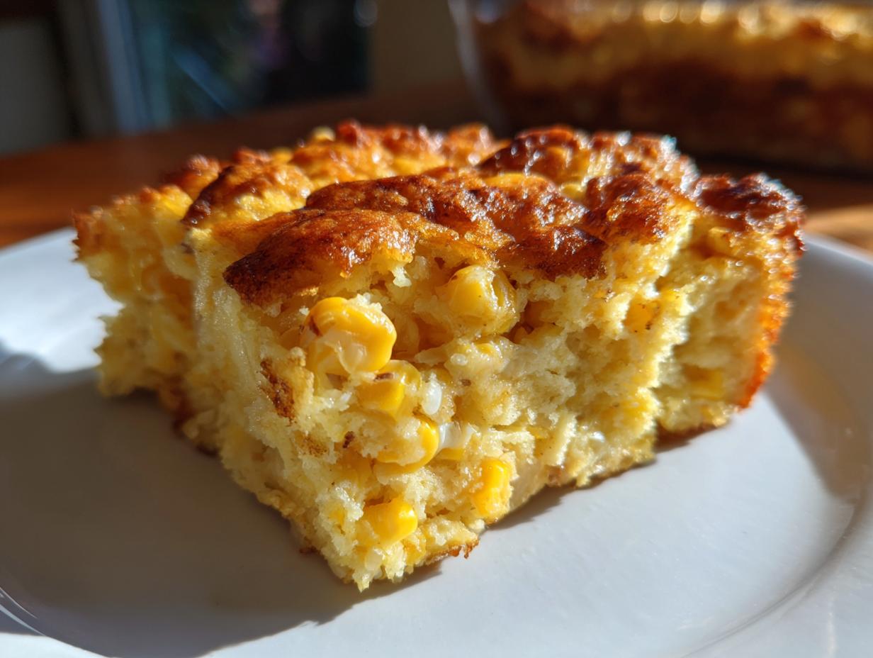 A close-up of a golden-brown slice of moist cream cheese corn casserole on a white plate.