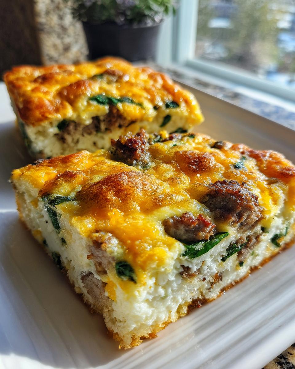 Two slices of savory egg bake with sausage, spinach, and melted cheese topping, ready to serve.