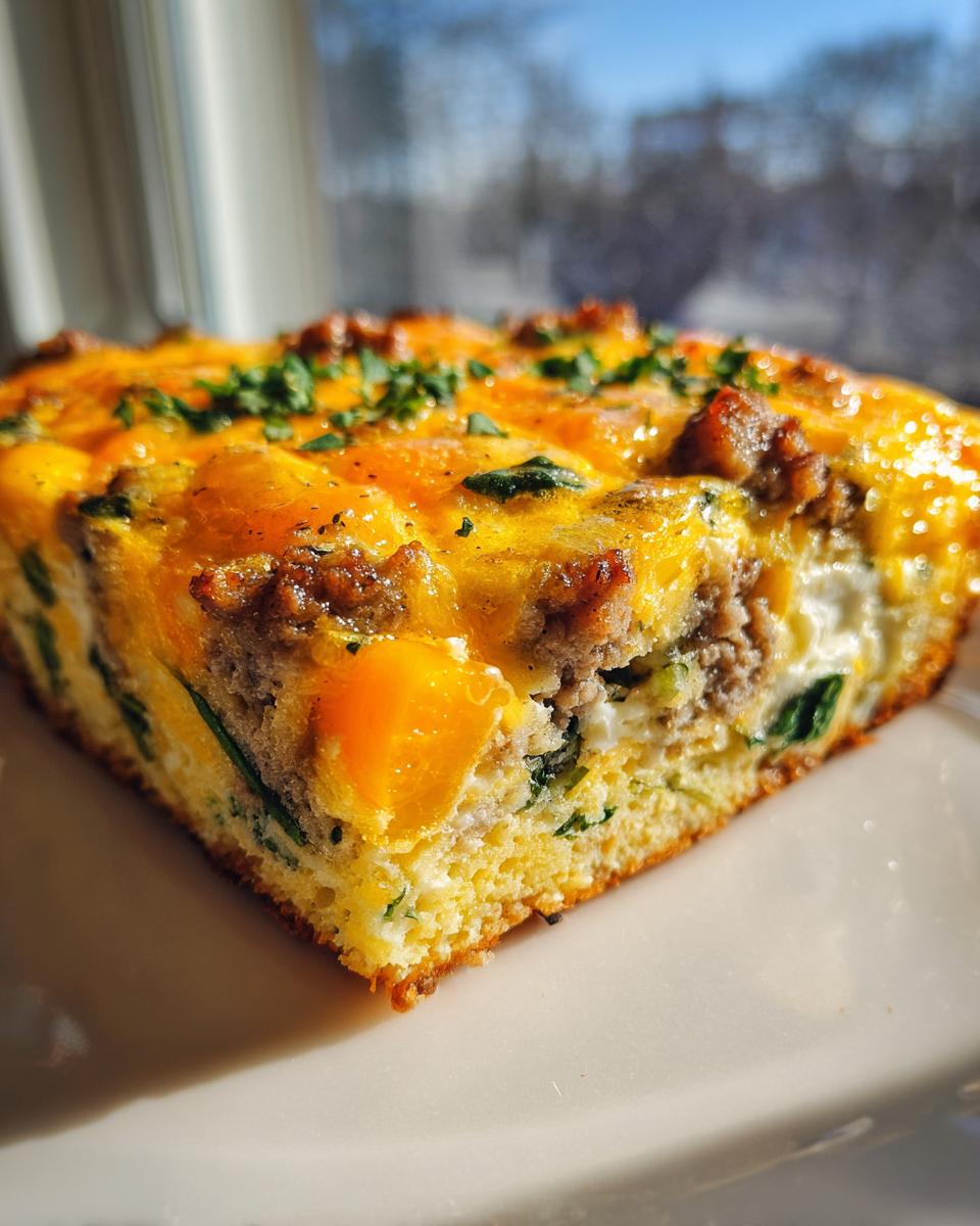 Close-up of a hearty slice of egg bake with sausage, melted cheddar cheese, and spinach, garnished with parsley.