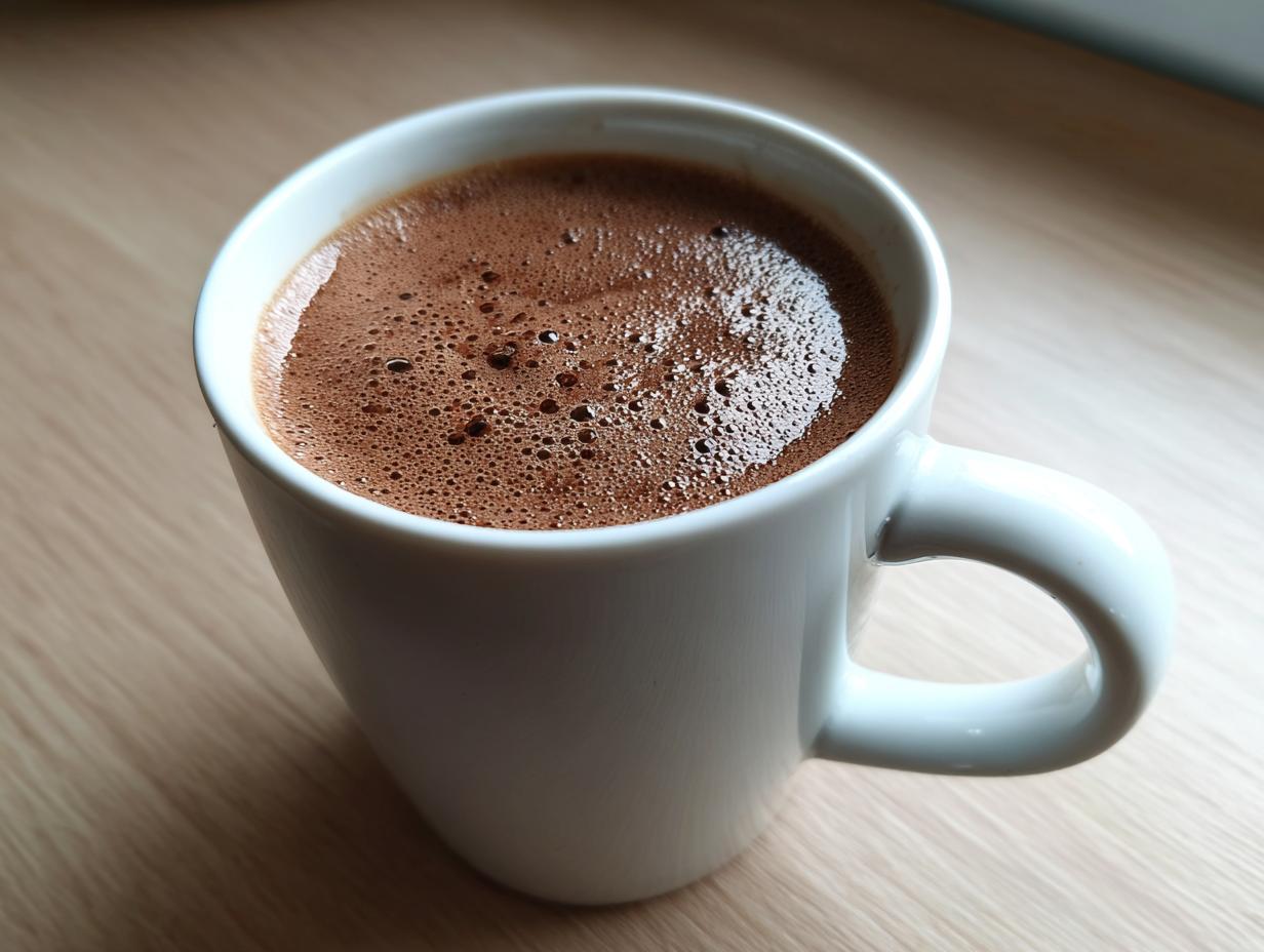 Close-up of a white mug filled with rich, frothy hot cocoa mix resting on a light wooden surface.
