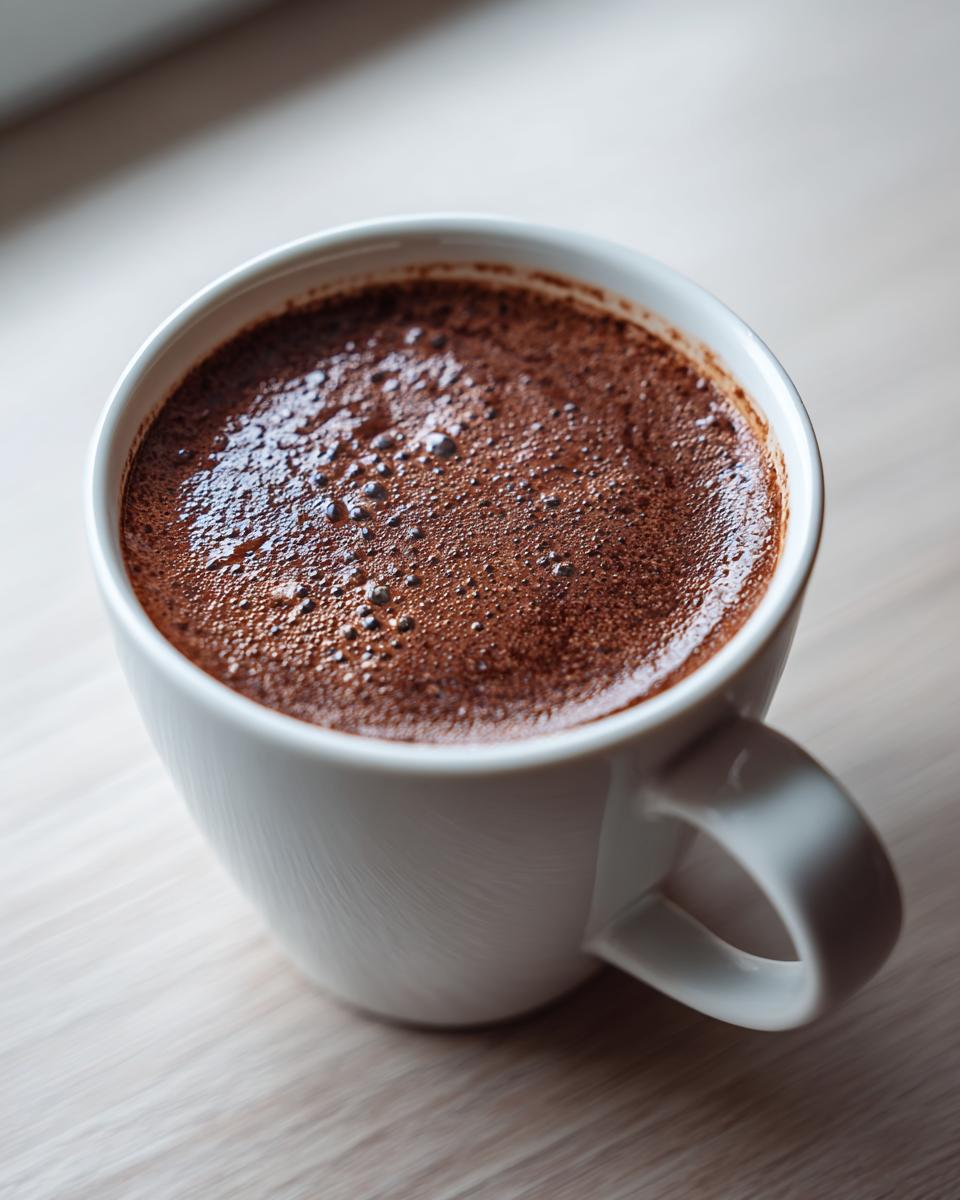 Close-up of rich, frothy hot cocoa mix in a white ceramic mug on a light wooden surface.