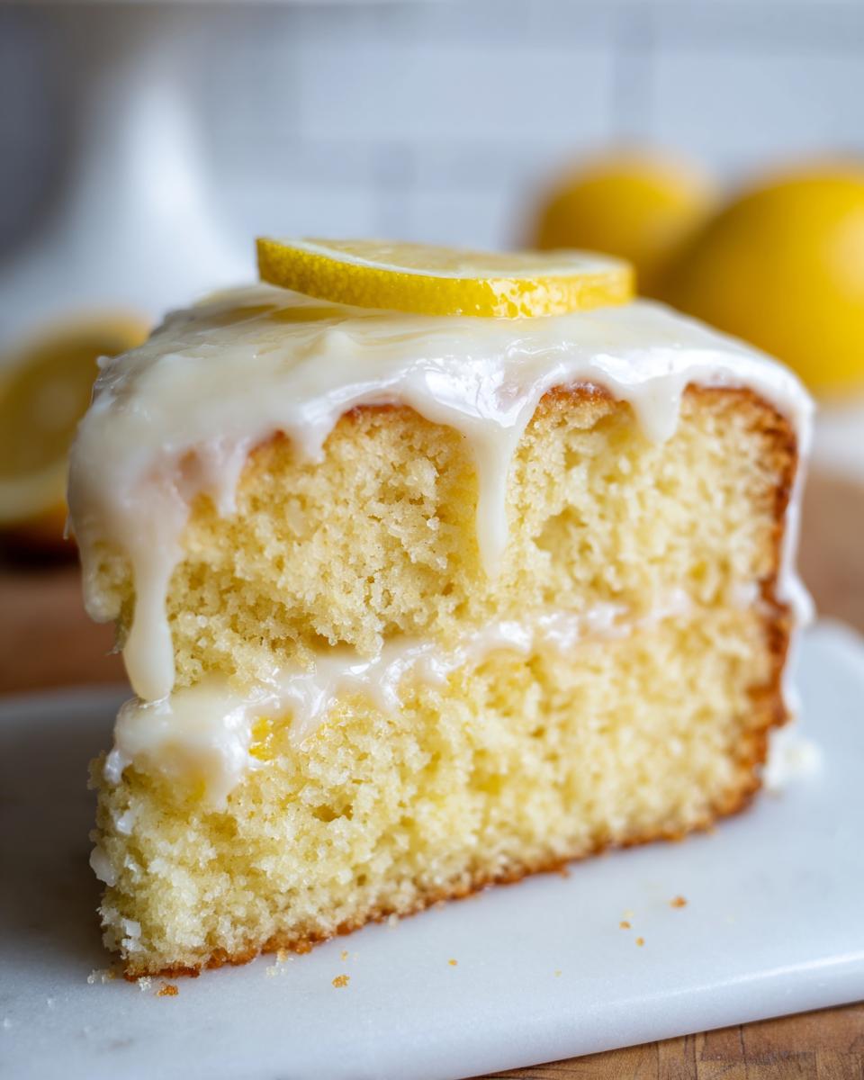 A moist slice of lemon cake recipe topped with thick white glaze and a lemon slice.