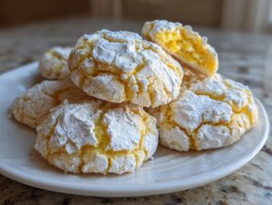 A stack of bright yellow lemon crinkle cookies heavily dusted with white powdered sugar on a white plate.