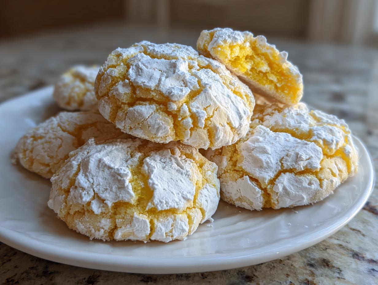 A stack of bright yellow lemon crinkle cookies heavily dusted with white powdered sugar on a white plate.