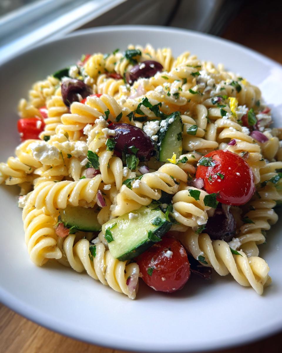 Close-up of a serving of amazing mediterranean pasta salad featuring fusilli, cucumbers, tomatoes, olives, and feta cheese.
