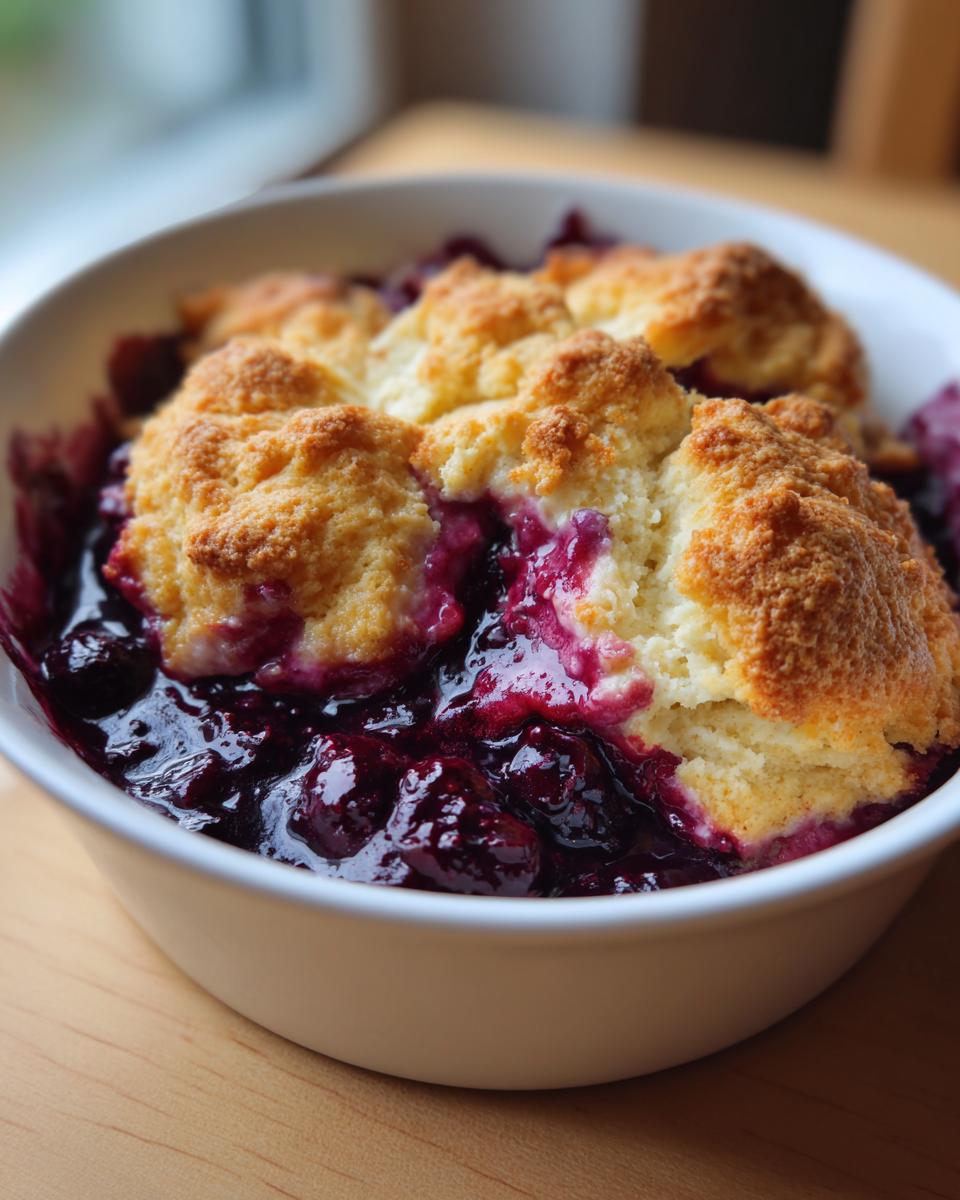 A close-up shot of a warm mixed berry cobbler with golden biscuit topping overflowing with dark purple berry filling.