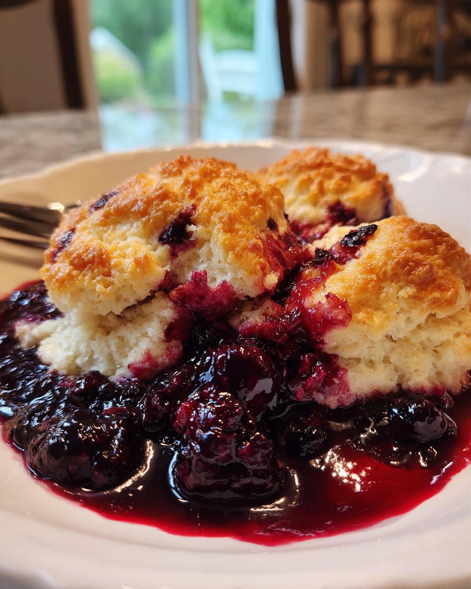 Close-up of three golden biscuits topping rich, dark mixed berry cobbler sauce on a white plate.