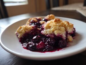 A warm serving of amazing mixed berry cobbler with golden topping and juicy berries on a white plate.