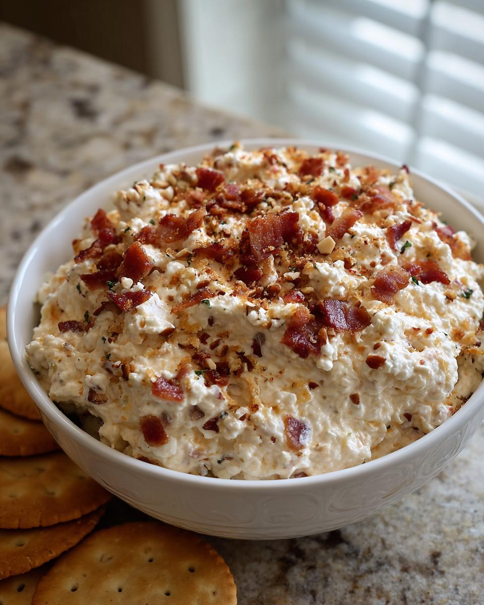 A white bowl filled with creamy Neiman Marcus dip, generously topped with crumbled bacon and chopped nuts.