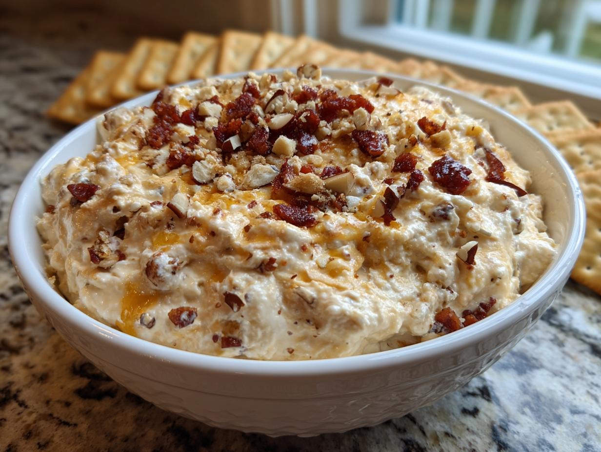 A creamy bowl of Neiman Marcus dip topped with chopped pecans and bacon bits, served with crackers.