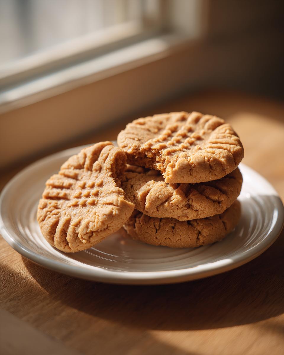 A stack of four homemade peanut butter cookies with classic criss-cross fork marks, one cookie is broken open.