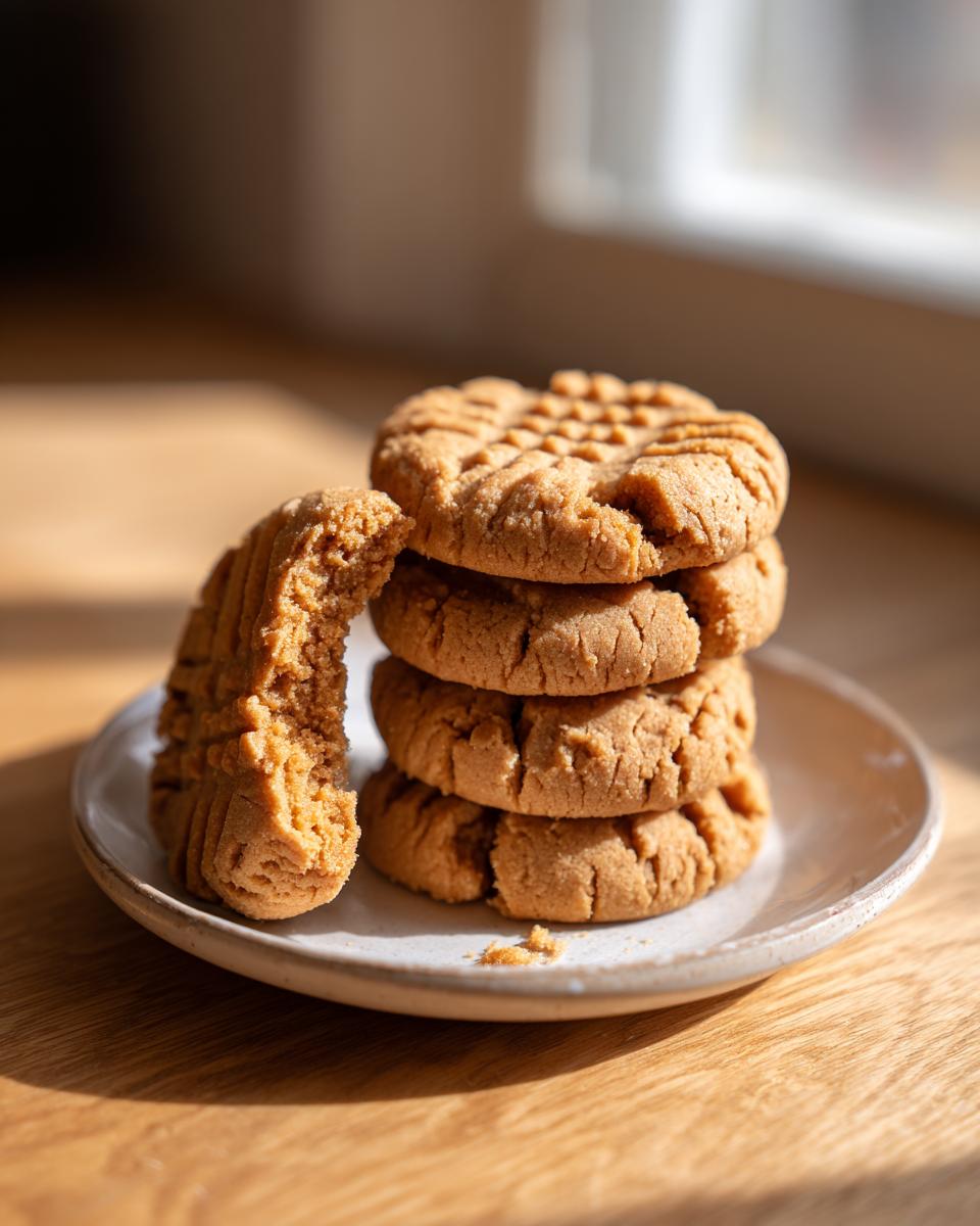A stack of four classic peanut butter cookies with fork marks, next to one broken cookie, on a small plate.