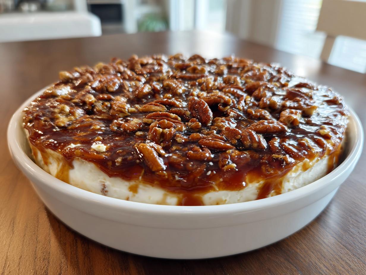 A round, creamy pecan pie dip topped with a thick, glossy caramel sauce and whole pecans.
