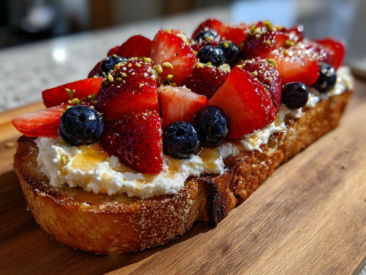 Close-up of a slice of amazing ricotta toast topped with fresh strawberries, blueberries, honey, and pistachios.