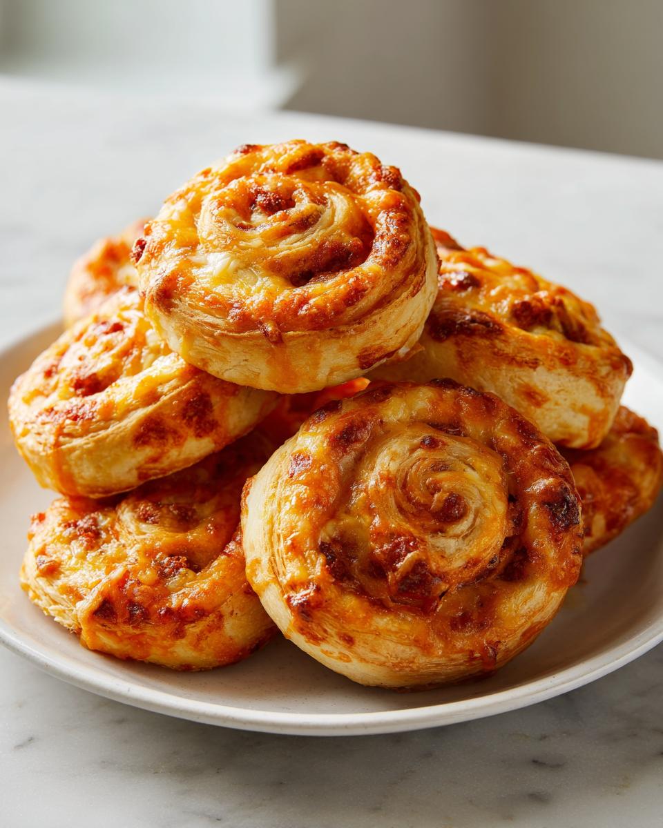 A stack of golden brown, cheesy sausage pinwheels made with puff pastry, ready to eat.