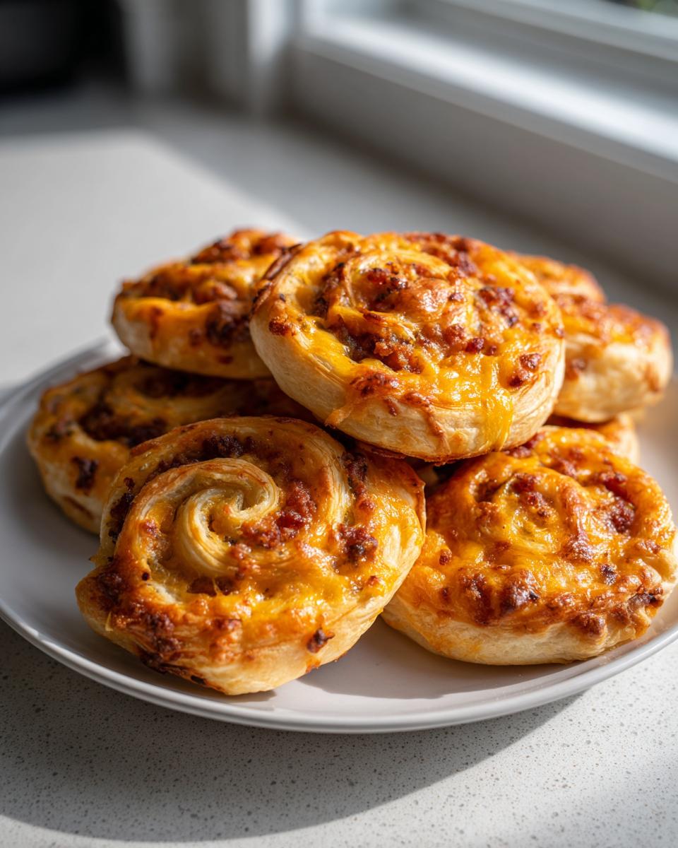 A stack of freshly baked, golden brown sausage pinwheels topped with melted cheese, ready to serve.