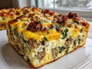 A close-up of a hearty slice of sausage and spinach egg bake showing layers of fluffy eggs, browned sausage, and melted cheese.